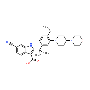 1256584-78-7 | 6-cyano-2-(2-(4-ethyl-3-(4-morpholinopiperidin-1-yl)phenyl)propan-2-yl)-1H-indole-3-carboxylic acid